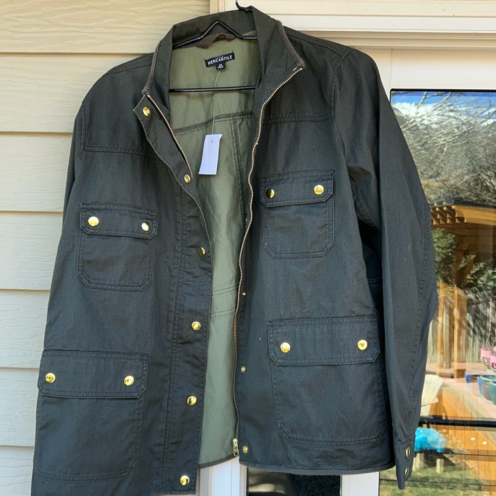 J Crew military-style green jacket.